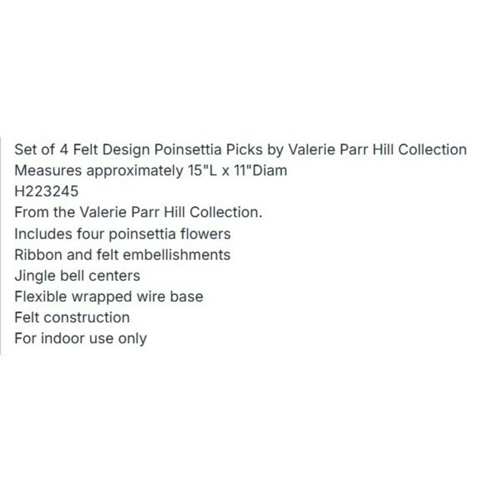 Valerie‎ Parr Hill Set of 4 Felt Poinsettia Christmas Floral Picks Red H223245 - Picture 3 of 3